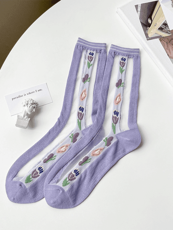 Floral Jacquard Crew Socks - Fluid
