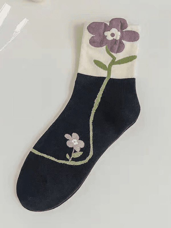 Floral Black Crew Socks - Fluid